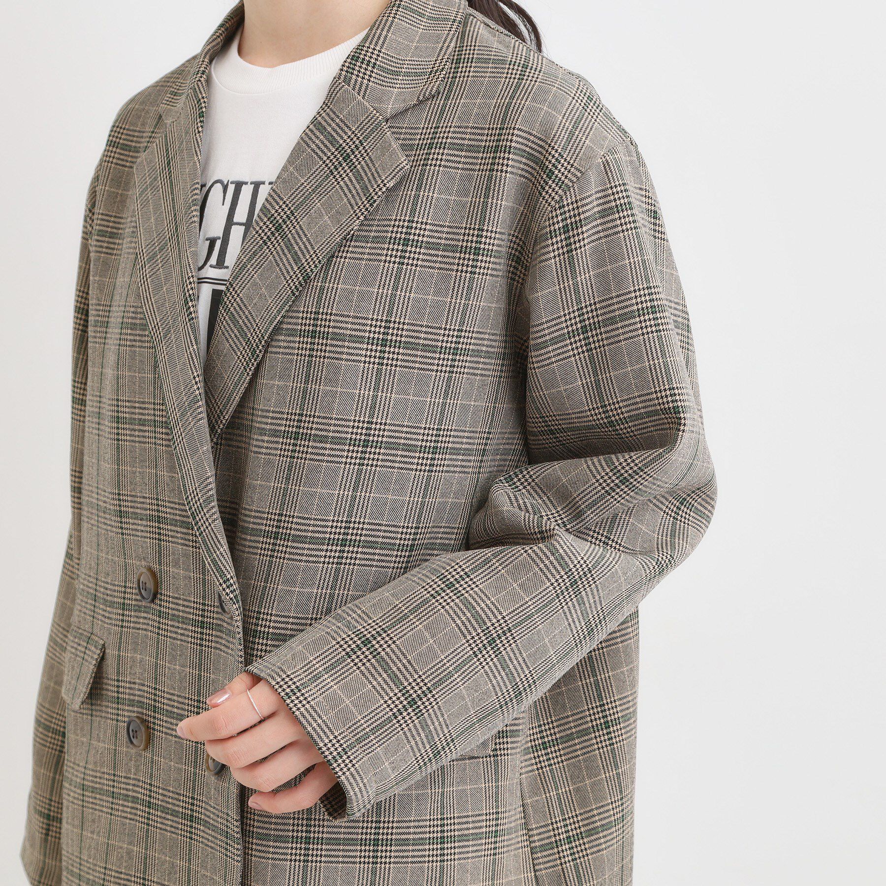 セットアップ可】チェック柄 ダブルブレストテーラードゆるジャケット