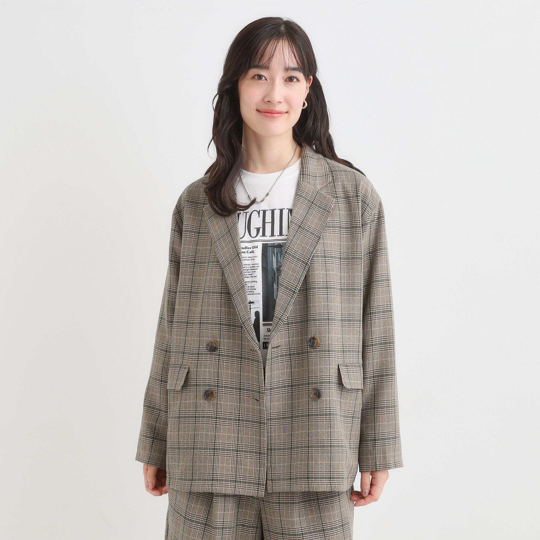セットアップ可】チェック柄 ダブルブレストテーラードゆるジャケット