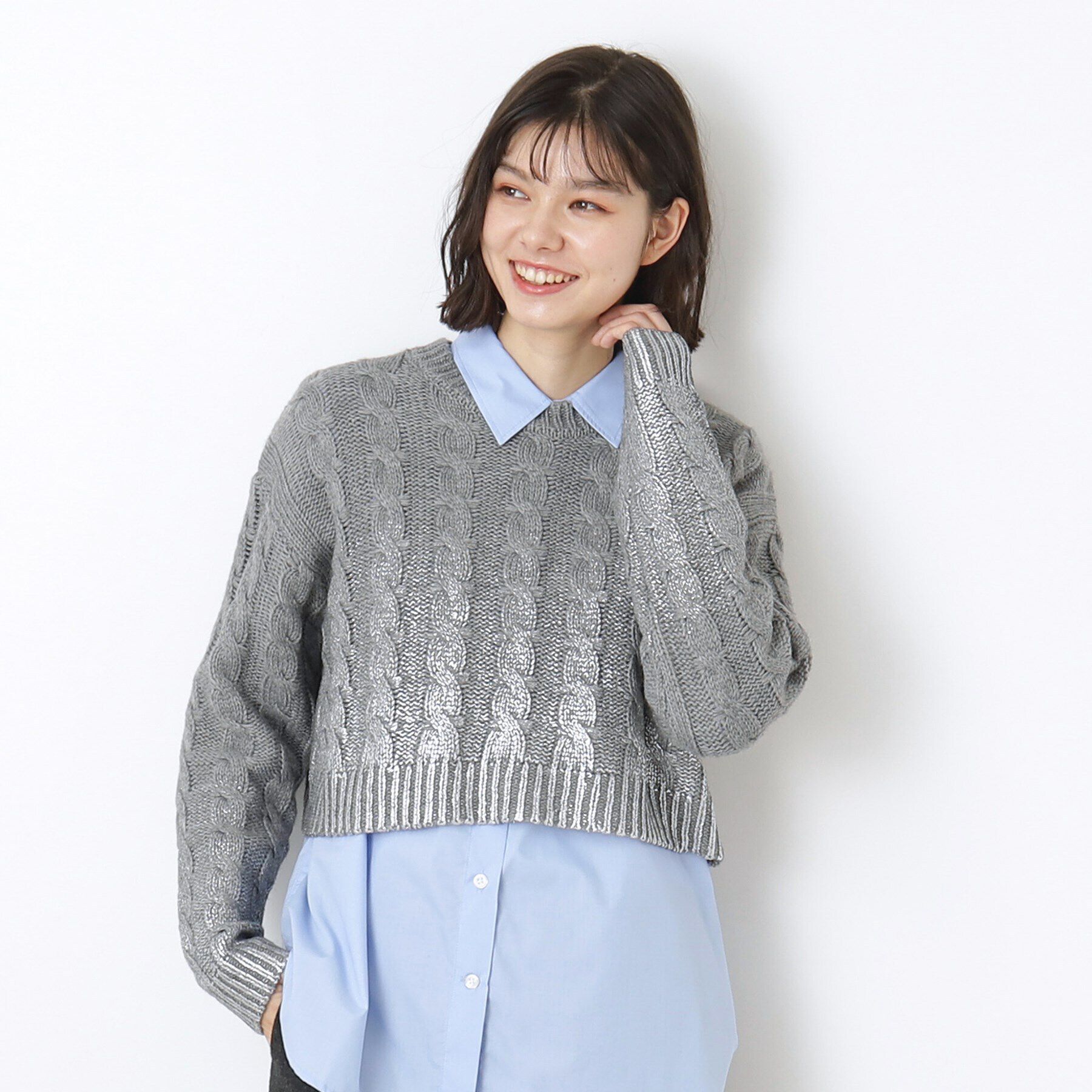 Dessin「【洗える】ショート丈箔プリントケーブルニット」|ニット・セーター|