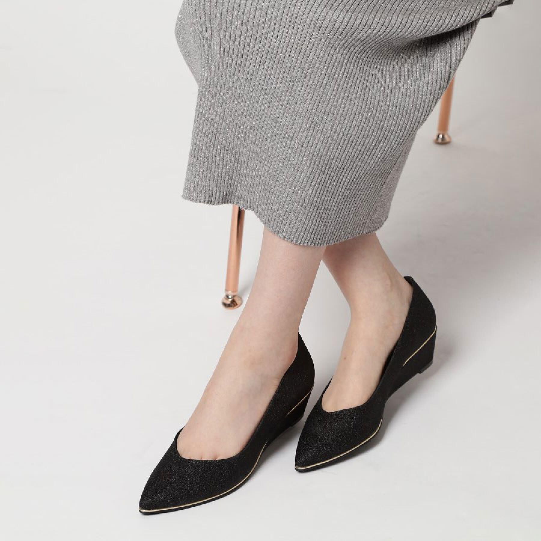 ESPERANZA「ポインテッドウェッジパンプス」|パンプス|ラメブラック(919