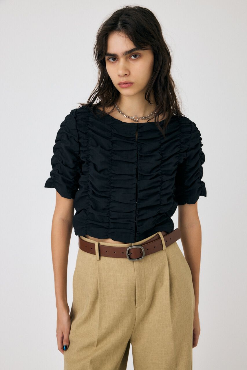 MOUSSY「SHIRRING CROP トップス」|Tシャツ・カットソー|BLK