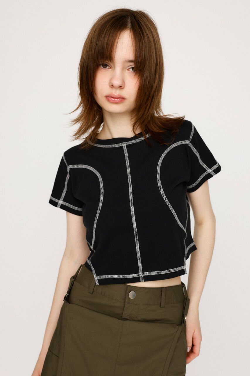 SLY「BI COLOR STITCH CROP Tシャツ」|Tシャツ・カットソー|BLK
