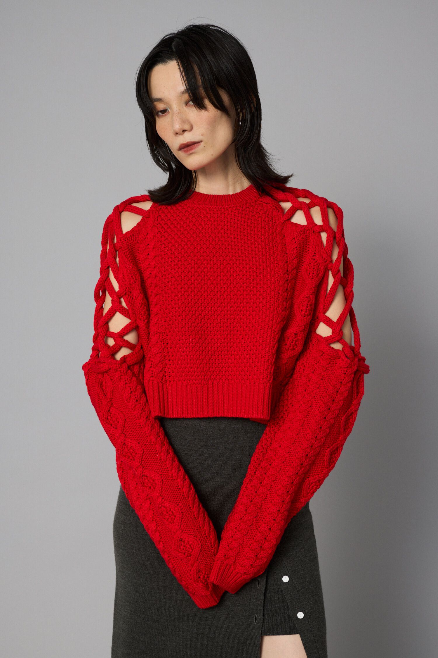 HeRIN.CYE「Net work sleeve tops」|ニット・セーター|RED