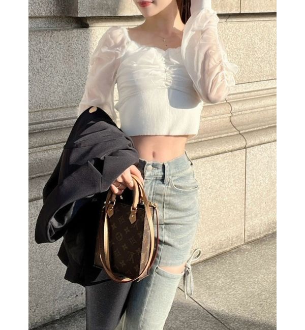 RESEXXY「フロントギャザーシアースリーブニット」|ニット・セーター|ホワイト