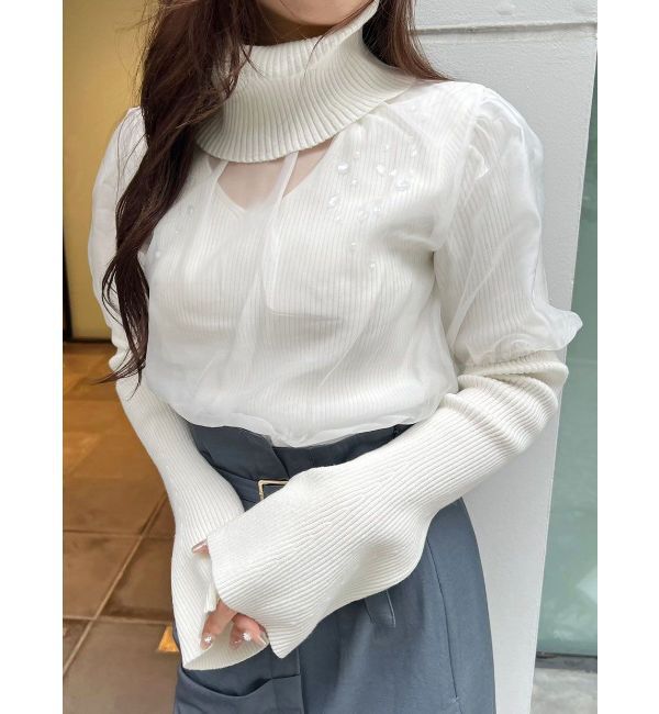 MERCURYDUO「ビジュー付シアーレイヤードニット」|ニット・セーター|オフホワイト