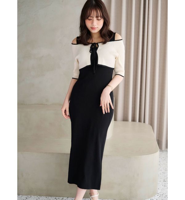 MERCURYDUO「3WAY配色ストラップバッククロスハーフスリーブワンピース」|ワンピース|