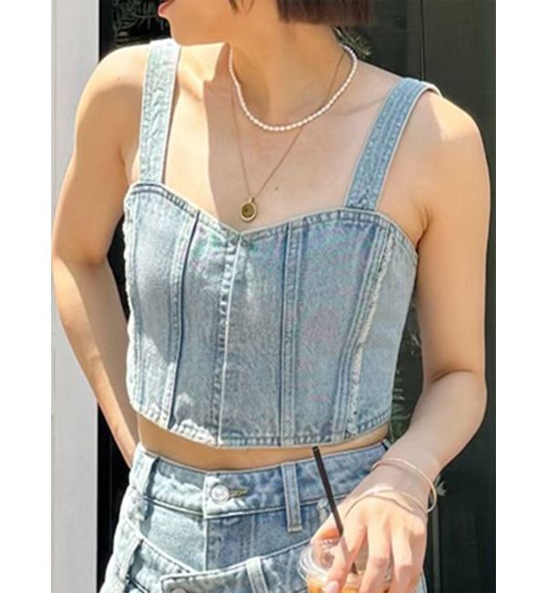 MURUA「フリンジデニムビスチェ」|キャミソール|アイスブルー