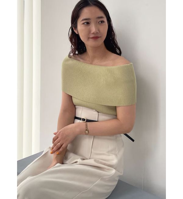 LAGUNAMOON「オフショルダーリブニットプルオーバー」|ニット・セーター|ライトグリーン