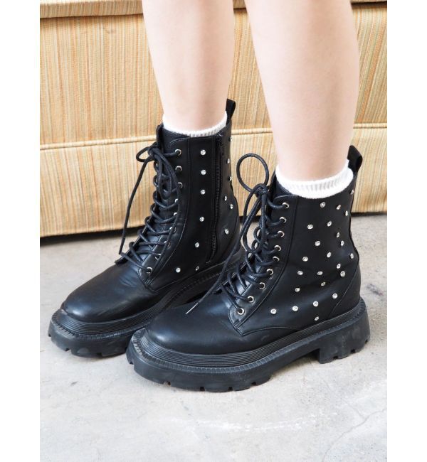 EVRIS「ビジューレースアップインソールワークブーツ」|ショートブーツ|ブラック