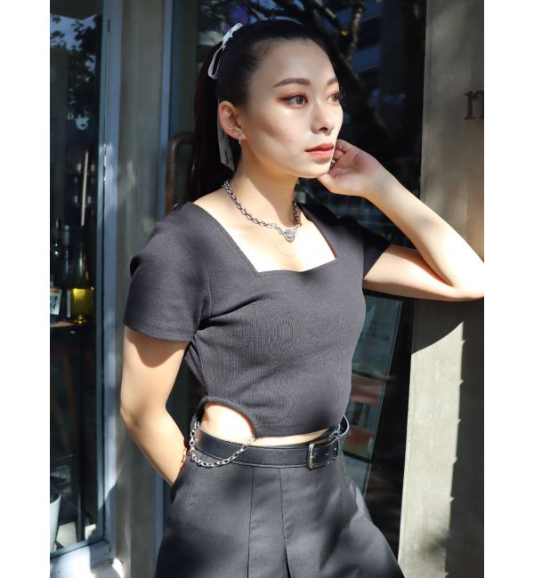 EVRIS「サイドチェーンショートトップス」|Tシャツ・カットソー|ブラック