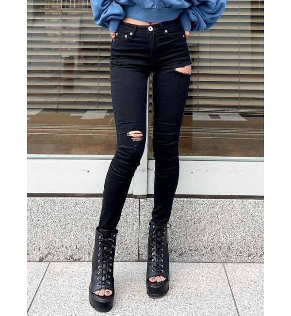 GYDA「ミドルウエストSIDE RIPPEDカラースキニーパンツ」|その他|ブラック