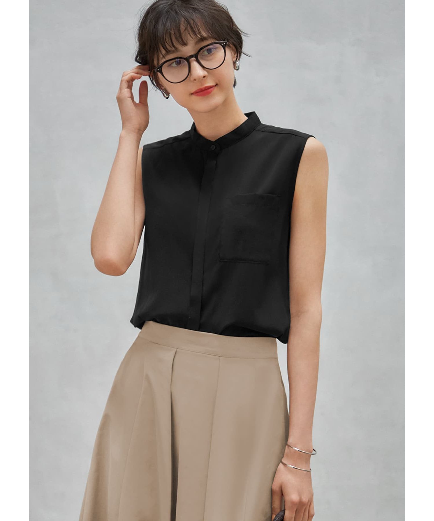 STYLE DELI「しなやかなノースリーブ比翼シャツブラウス」|シャツ・ブラウス|ブラック