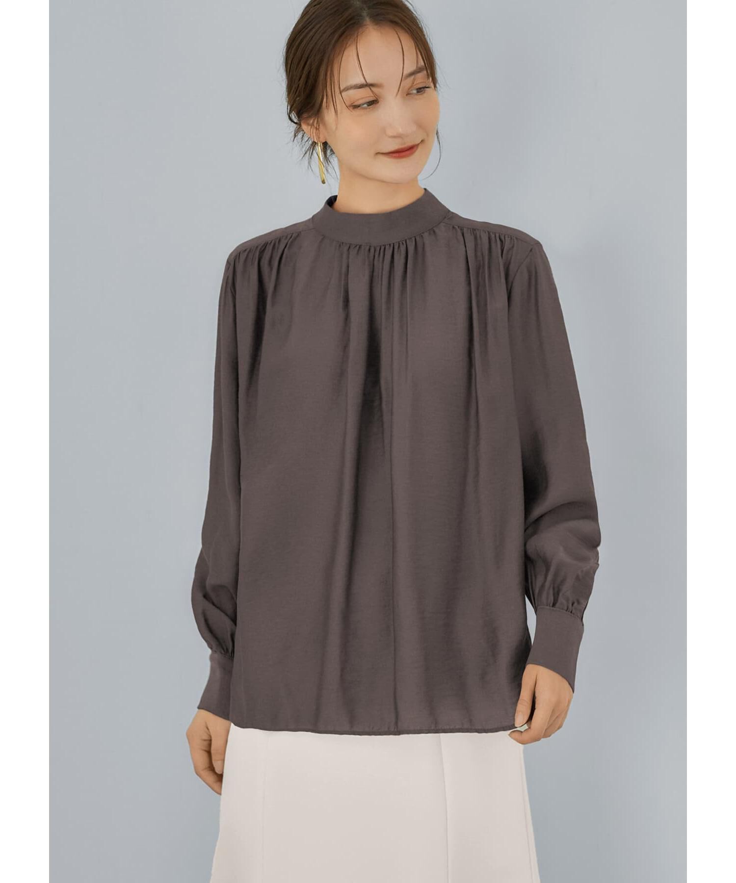 STYLE DELI「微光沢シボ感ギャザーブラウス」|シャツ・ブラウス|ブラウン