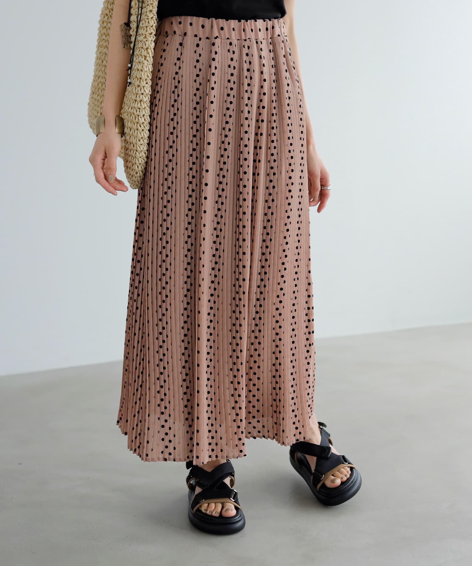 STYLE DELI「【LUXE】楊柳ドットプリーツロングスカート」|スカート|ピンクベージュ