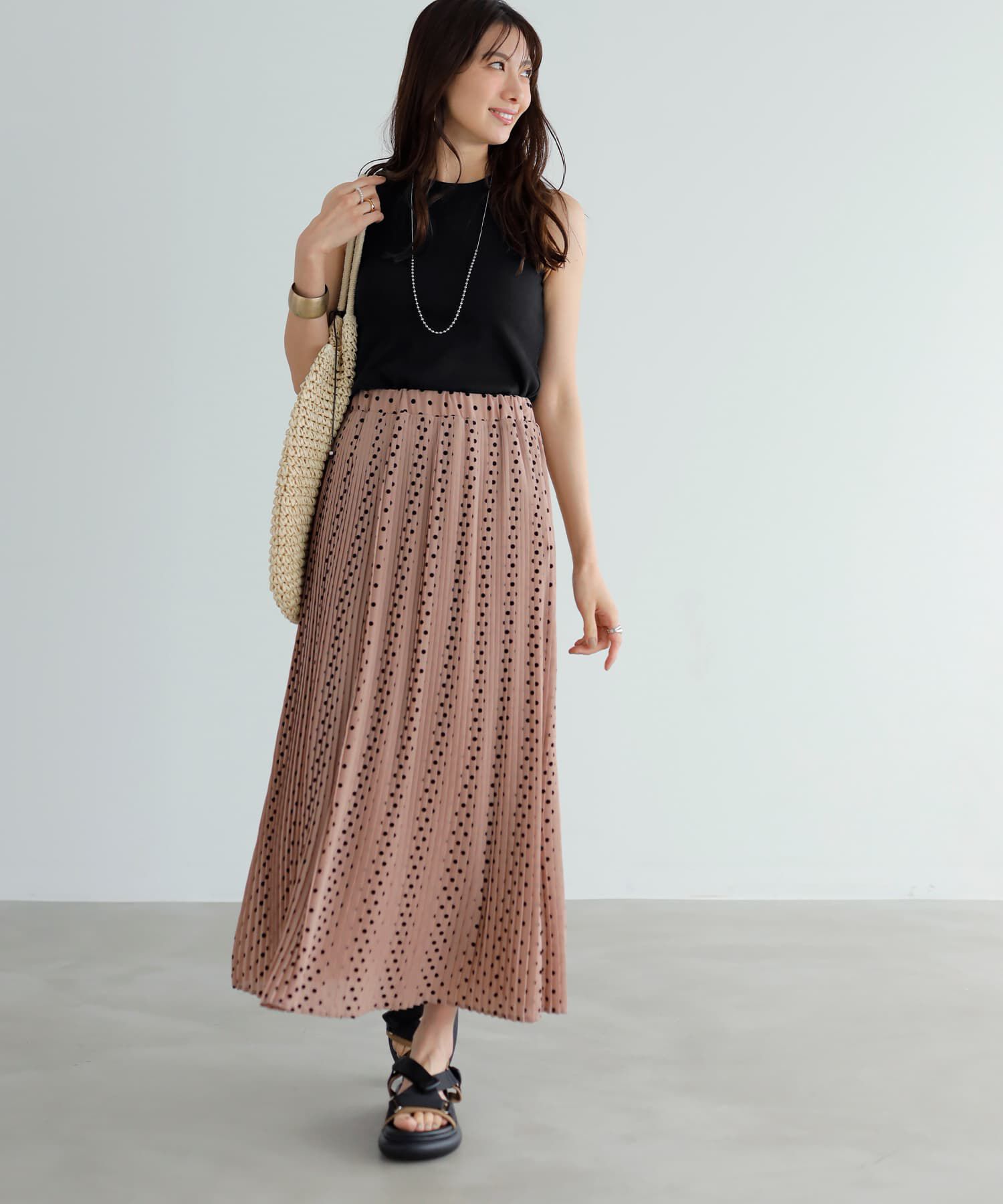 STYLE DELI「【LUXE】楊柳ドットプリーツロングスカート」|スカート|