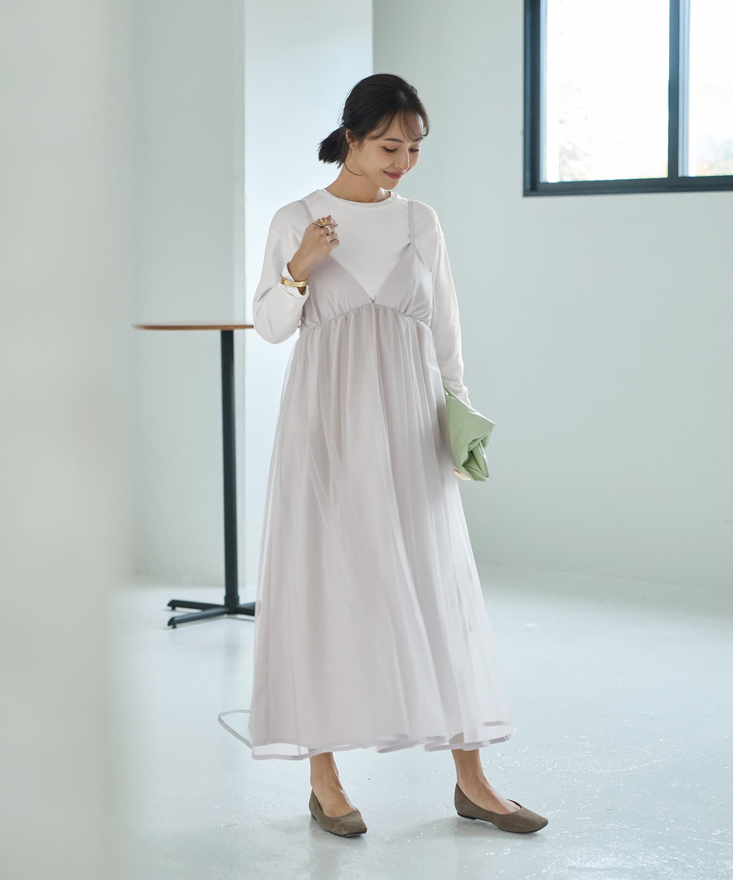 STYLE DELI「【LUXE】チュールギャザーキャミ型ワンピース」|ジャンパースカート|ライトグレー