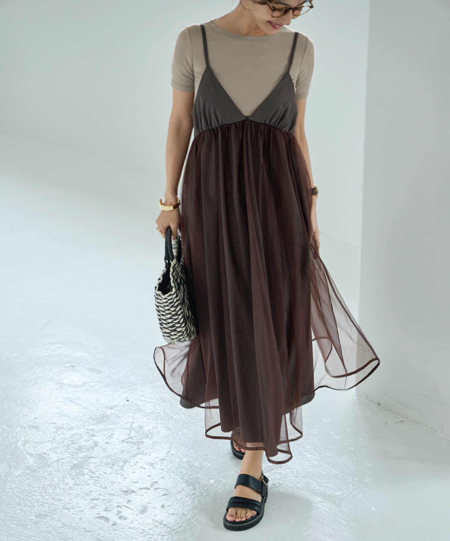 STYLE DELI「【LUXE】チュールギャザーキャミ型ワンピース」|ジャンパースカート|