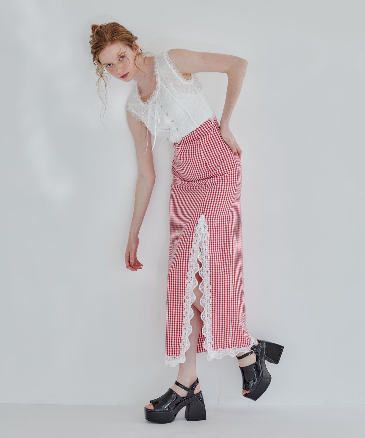 REDYAZEL「ギンガムチェックレーストリミングスカート」|タイト|