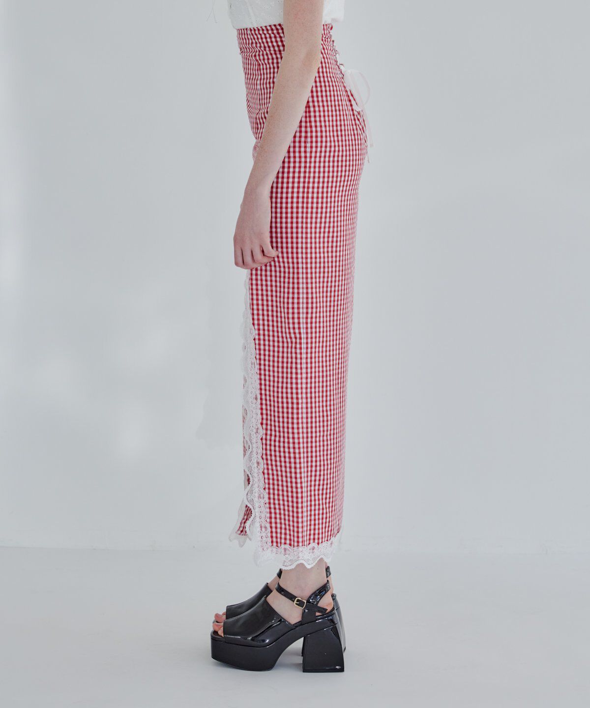 REDYAZEL「ギンガムチェックレーストリミングスカート」|タイト|