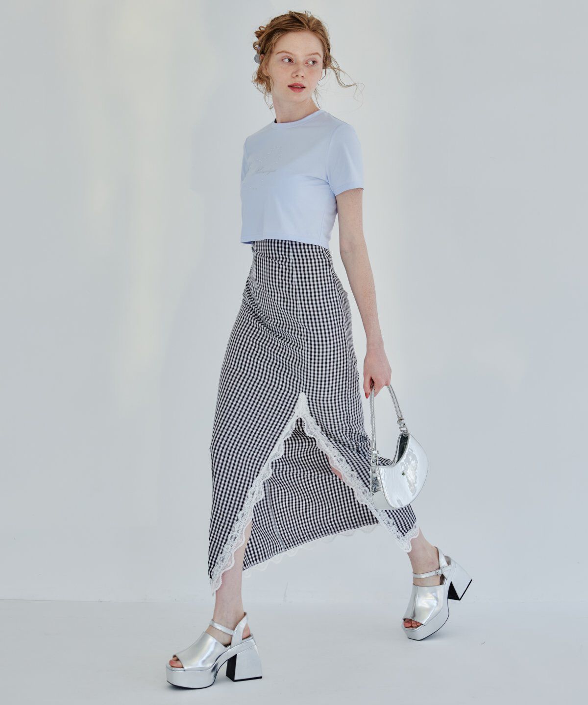 REDYAZEL「ギンガムチェックレーストリミングスカート」|タイト|