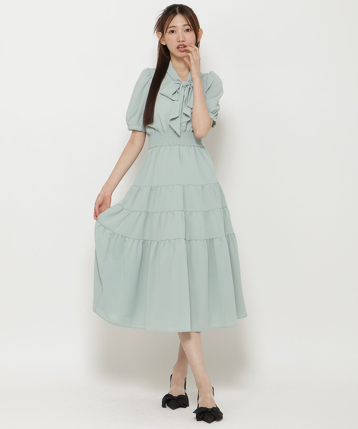 REDYAZEL「リボンタイティアードワンピース」|ワンピース|グリーン