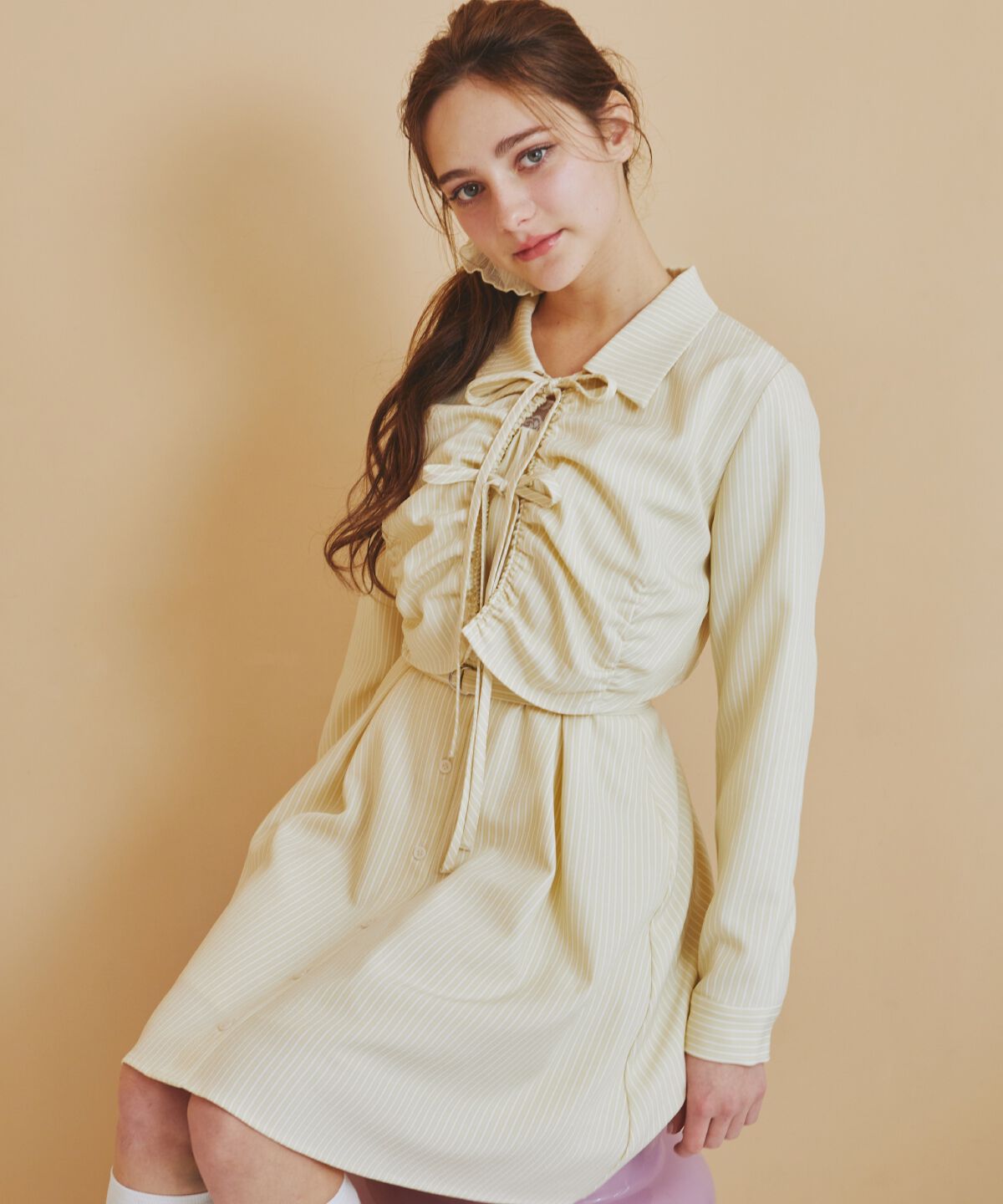 REDYAZEL「フロントシャーリングシャツ＆ストライプミニワンピースセット」|ワンピース|beige/borderｽﾄﾗｲﾌﾟ