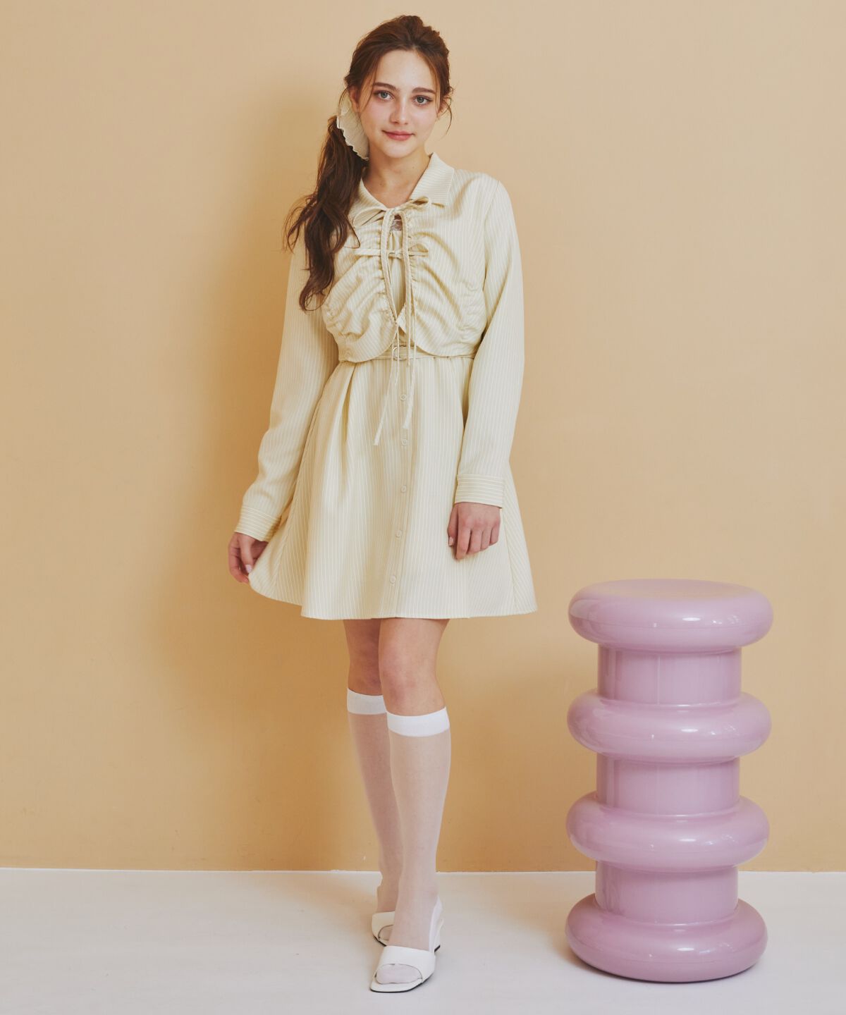 REDYAZEL「フロントシャーリングシャツ＆ストライプミニワンピースセット」|ワンピース|