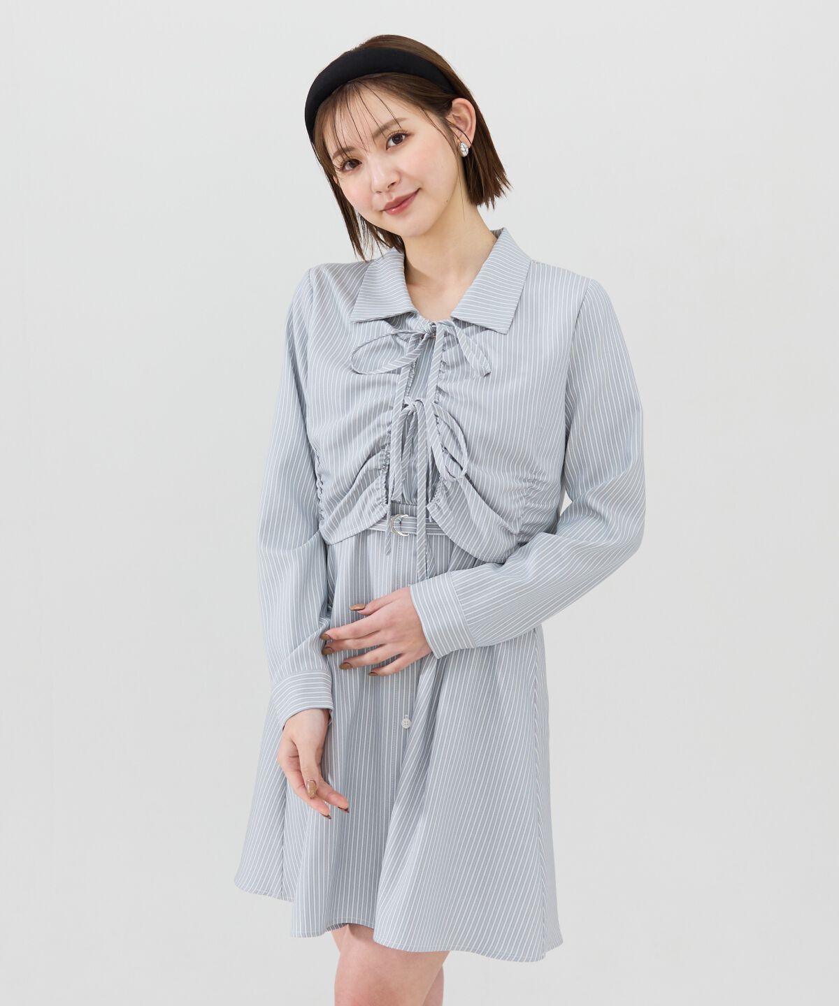 REDYAZEL「フロントシャーリングシャツ＆ストライプミニワンピースセット」|ワンピース|gray/borderｽﾄﾗｲﾌﾟ