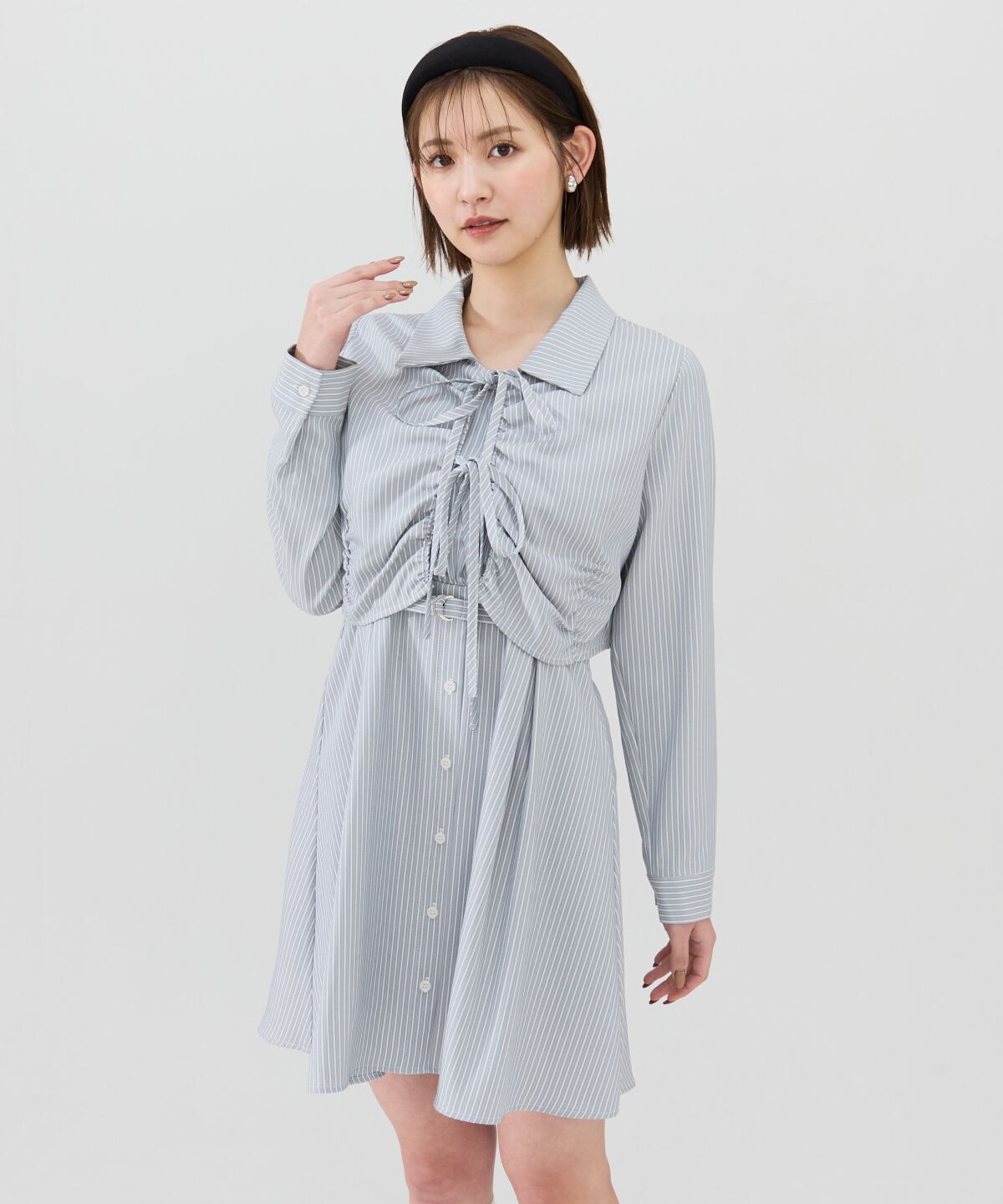 REDYAZEL「フロントシャーリングシャツ＆ストライプミニワンピースセット」|ワンピース|