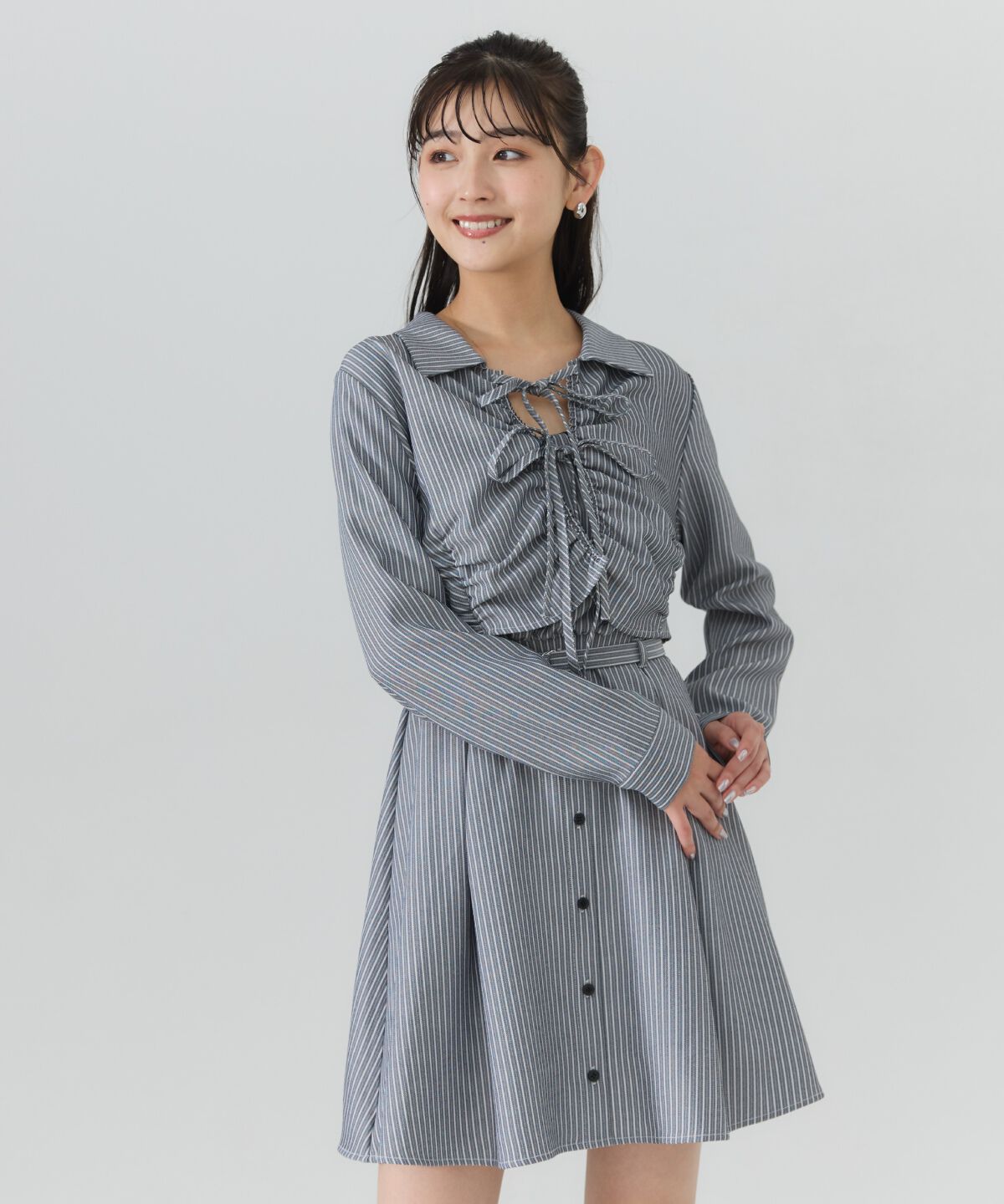 REDYAZEL「フロントシャーリングシャツ＆ストライプミニワンピースセット」|ワンピース|