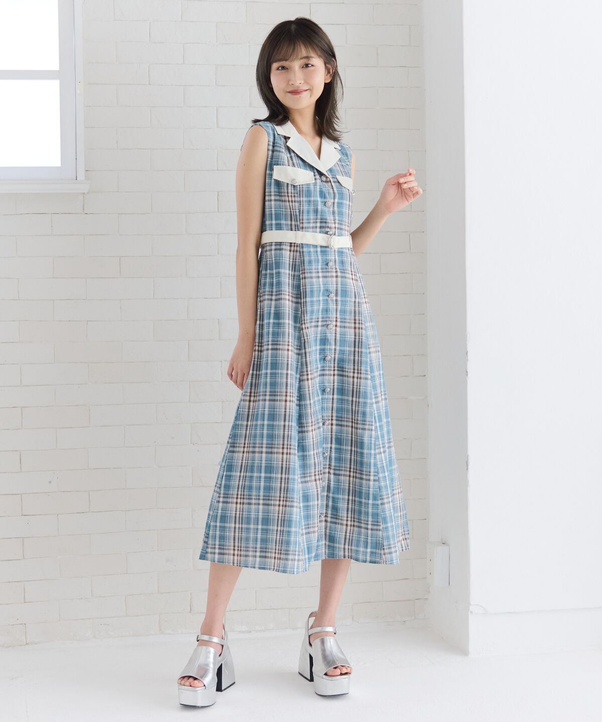 REDYAZEL「バイカラーチェックノースリーブシャツワンピース」|ワンピース|