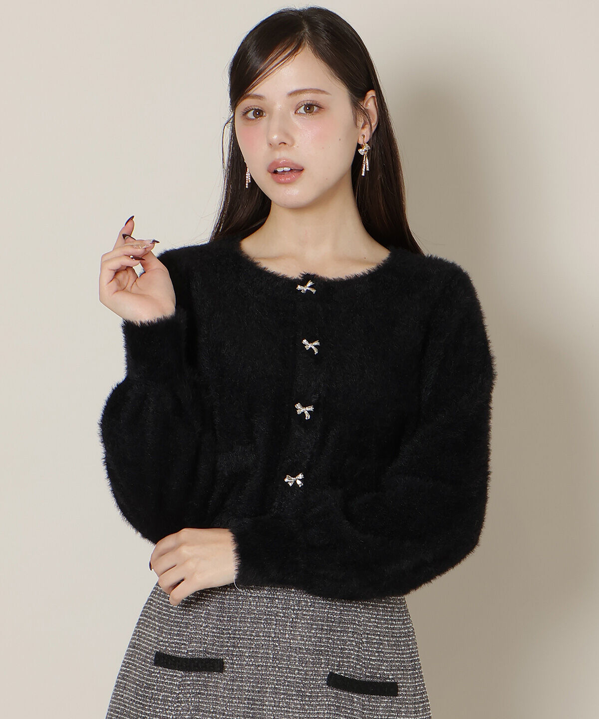 WILLSELECTION「リボンボタンフェザーカーディガン」|カーディガン|ブラック