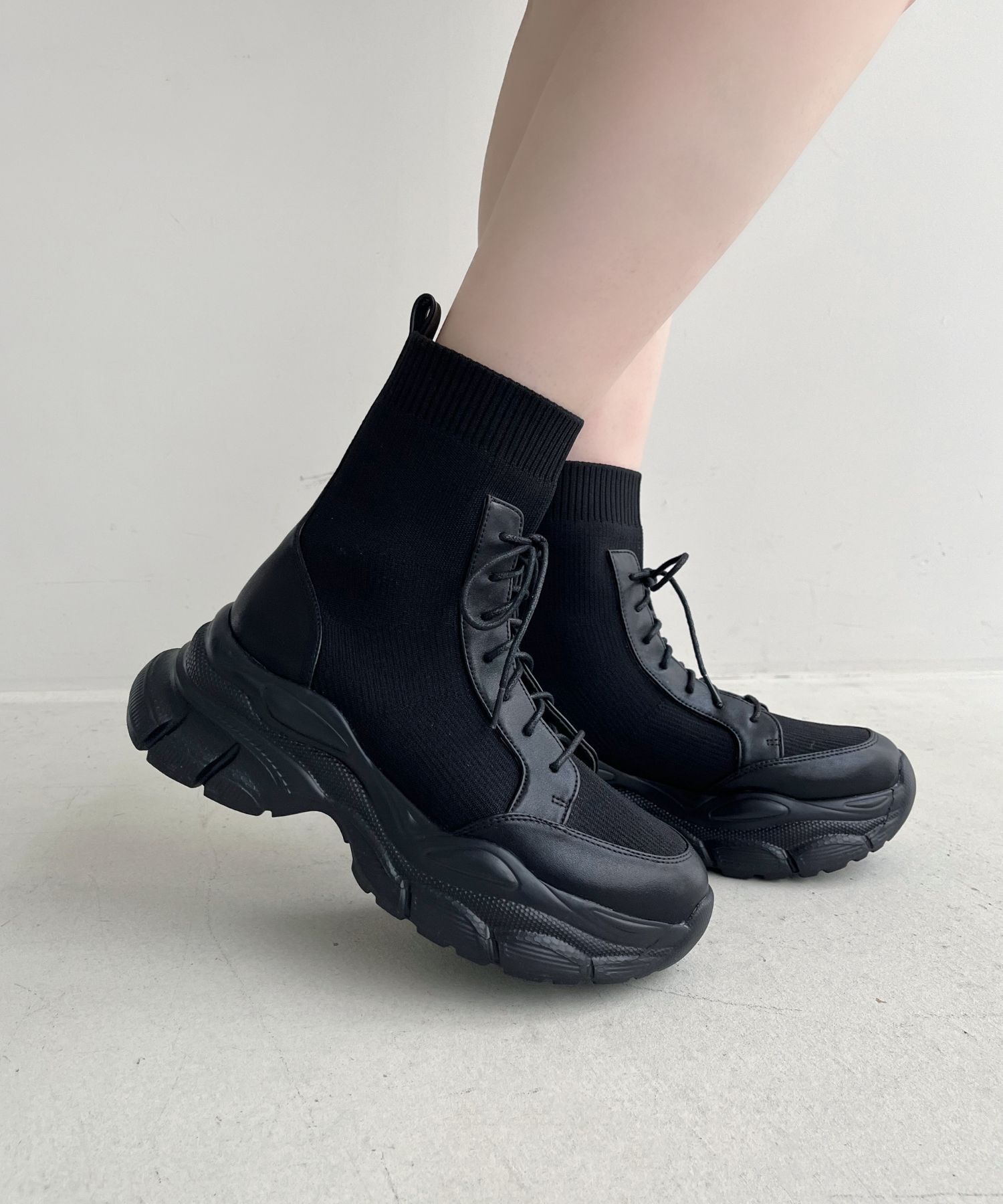 ORiental TRaffic「スニーカーソール ニット レースアップブーツ/41434 厚底」|ショートブーツ|