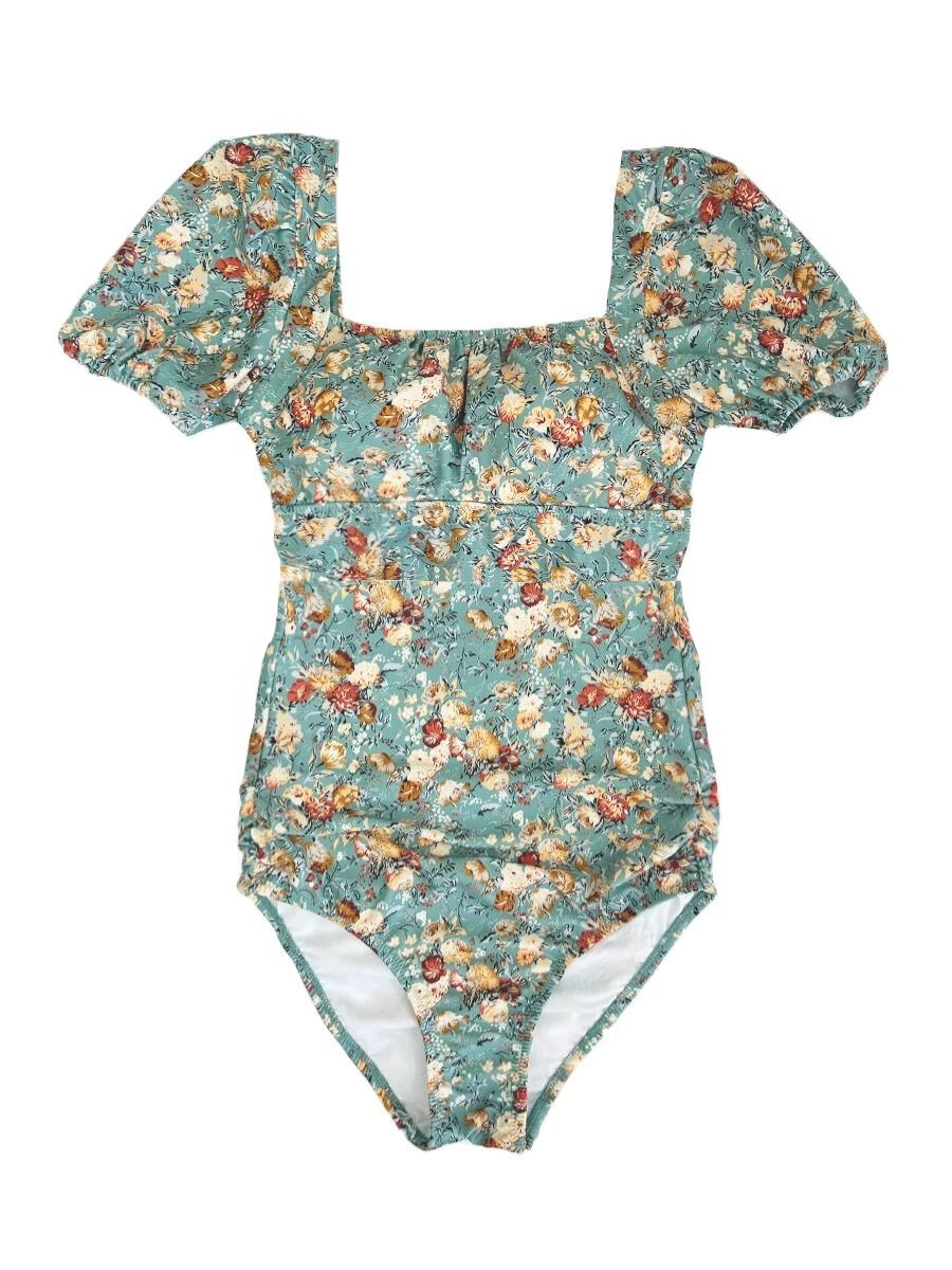 PEAK&PINE「レトロ小花柄バックリボンパフスリーブワンピ見えビキニ」|ビキニ|