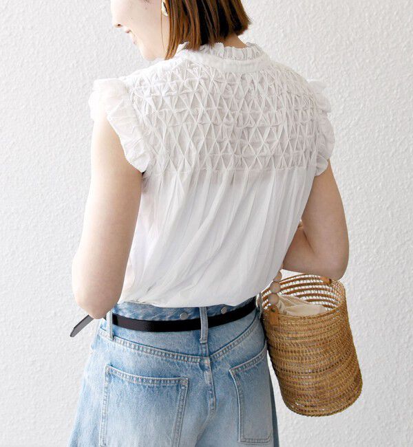 SHIPS any「SHIPS any:〈洗濯機可能〉ハンドスモッキング コットン フリル スタンドカラー ブラウス」|シャツ・ブラウス|