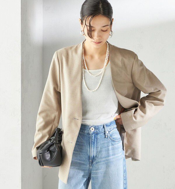 SHIPS for women「〈手洗い可能〉Asami 麻調合繊 カラー レス ジャケット 2」|その他|ベージュ系