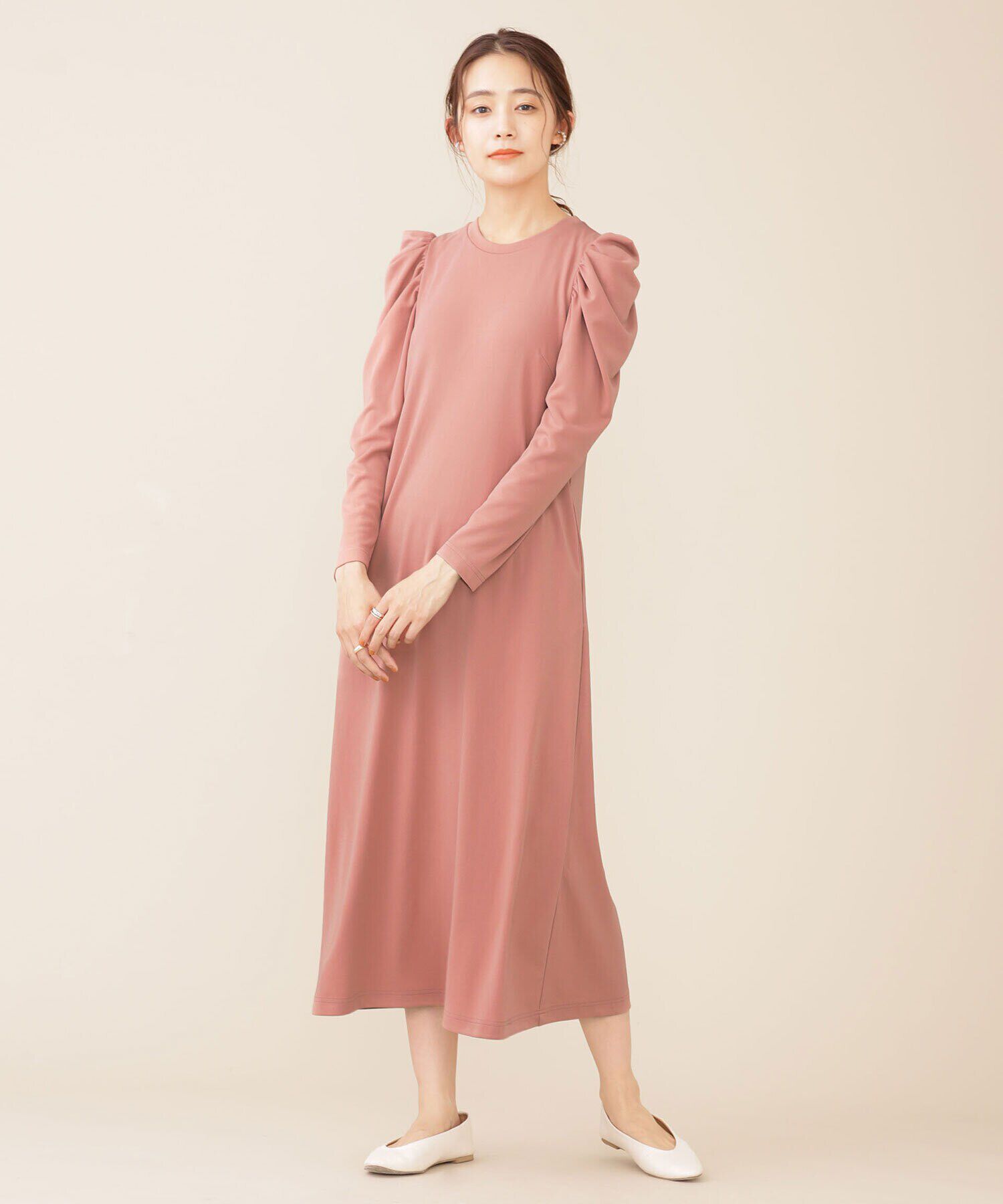 nano･universe「troisieme chaco/パワーショルダー ジャージーワンピース 長袖」|ワンピース|ピンク