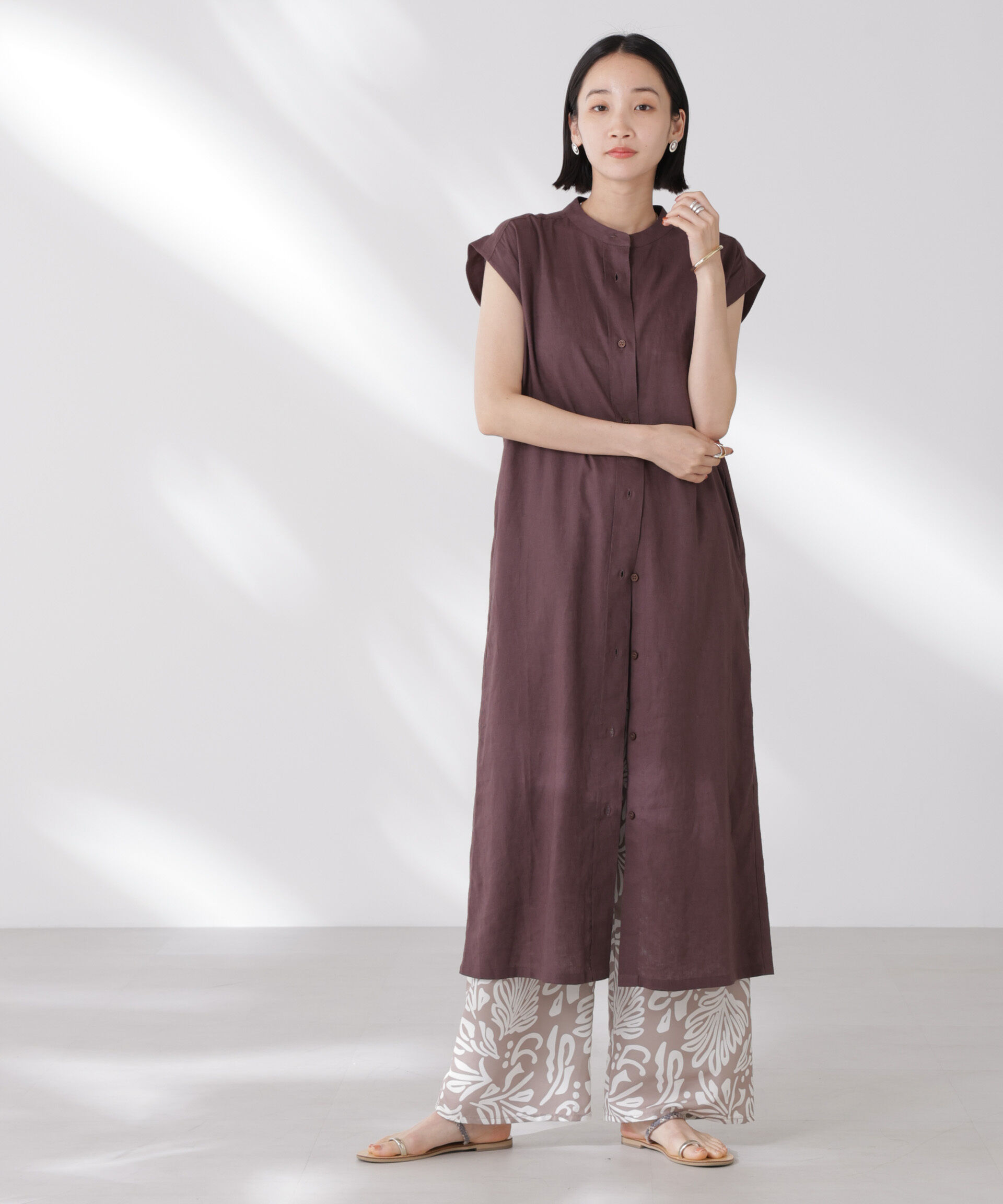 nano･universe「Anti Smell Linen フレンチスリーブワンピース」|ワンピース|ブラウン