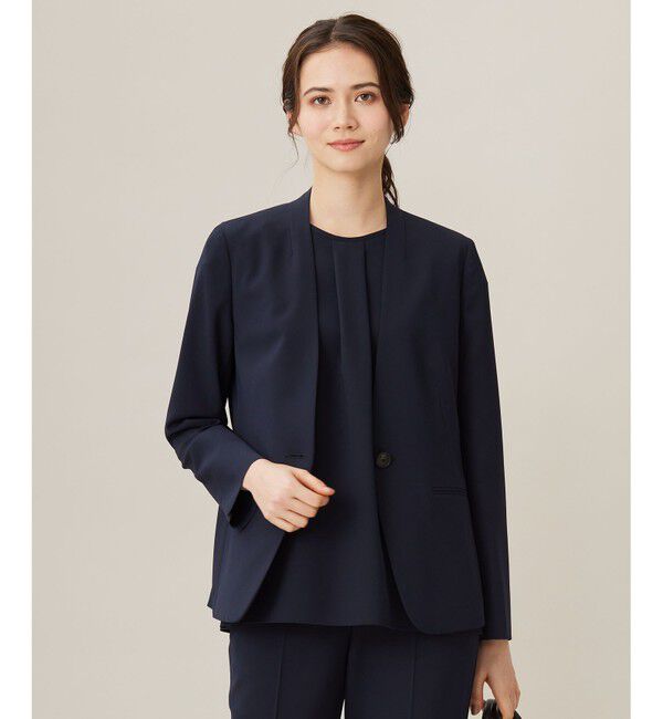 自由区「【セットアップ対応・UVカット・接触冷感・洗える】ライトストレッチノーカラー ジャケット」|ノーカラージャケット|ネイビー