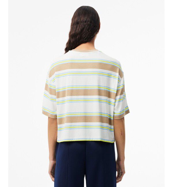 LACOSTE「オーバーサイズ レーヨン クロップド丈 ミックスボーダー半袖Tシャツ」|Tシャツ・カットソー|