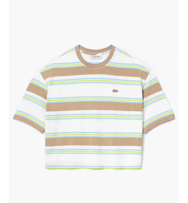 LACOSTE「オーバーサイズ レーヨン クロップド丈 ミックスボーダー半袖Tシャツ」|Tシャツ・カットソー|