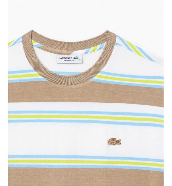 LACOSTE「オーバーサイズ レーヨン クロップド丈 ミックスボーダー半袖Tシャツ」|Tシャツ・カットソー|
