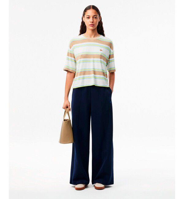 LACOSTE「オーバーサイズ レーヨン クロップド丈 ミックスボーダー半袖Tシャツ」|Tシャツ・カットソー|