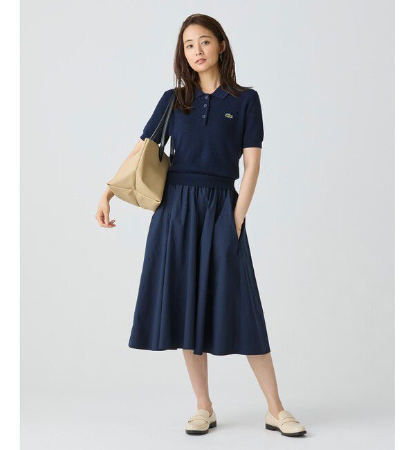 LACOSTE「異素材切り替え コンビネーションマテリアルポロドレス フレア ポロワンピース」|ワンピース|ネイビー