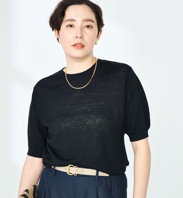 NOLLEY'S「《アンサンブル対応》《手洗い可能》フレンチリネン5分袖プルオーバーニット」|ニット・セーター|ダークネイビー