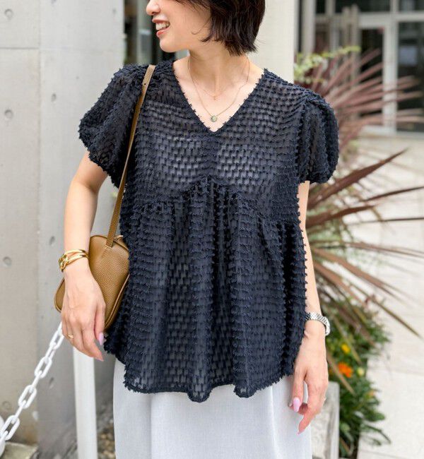 NOLLEY'S「カットジャガードペプラムブラウス」|シャツ・ブラウス|ネイビー