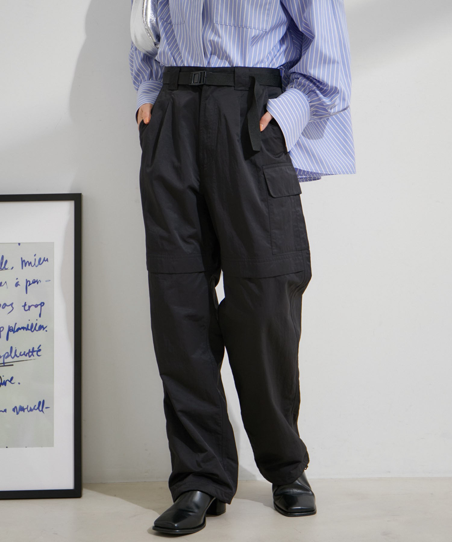 VIS「【洗える】ベルト付ナイロンカーゴパンツ」|カーゴ|ブラック(01)