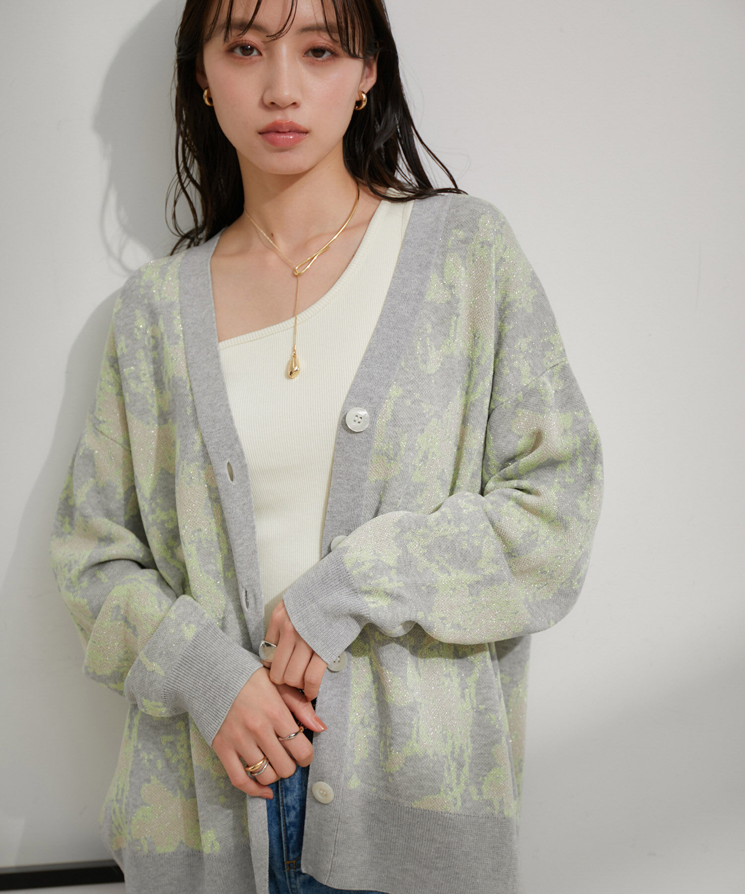 VIS「ラメジャガード花柄カーディガン」|カーディガン|