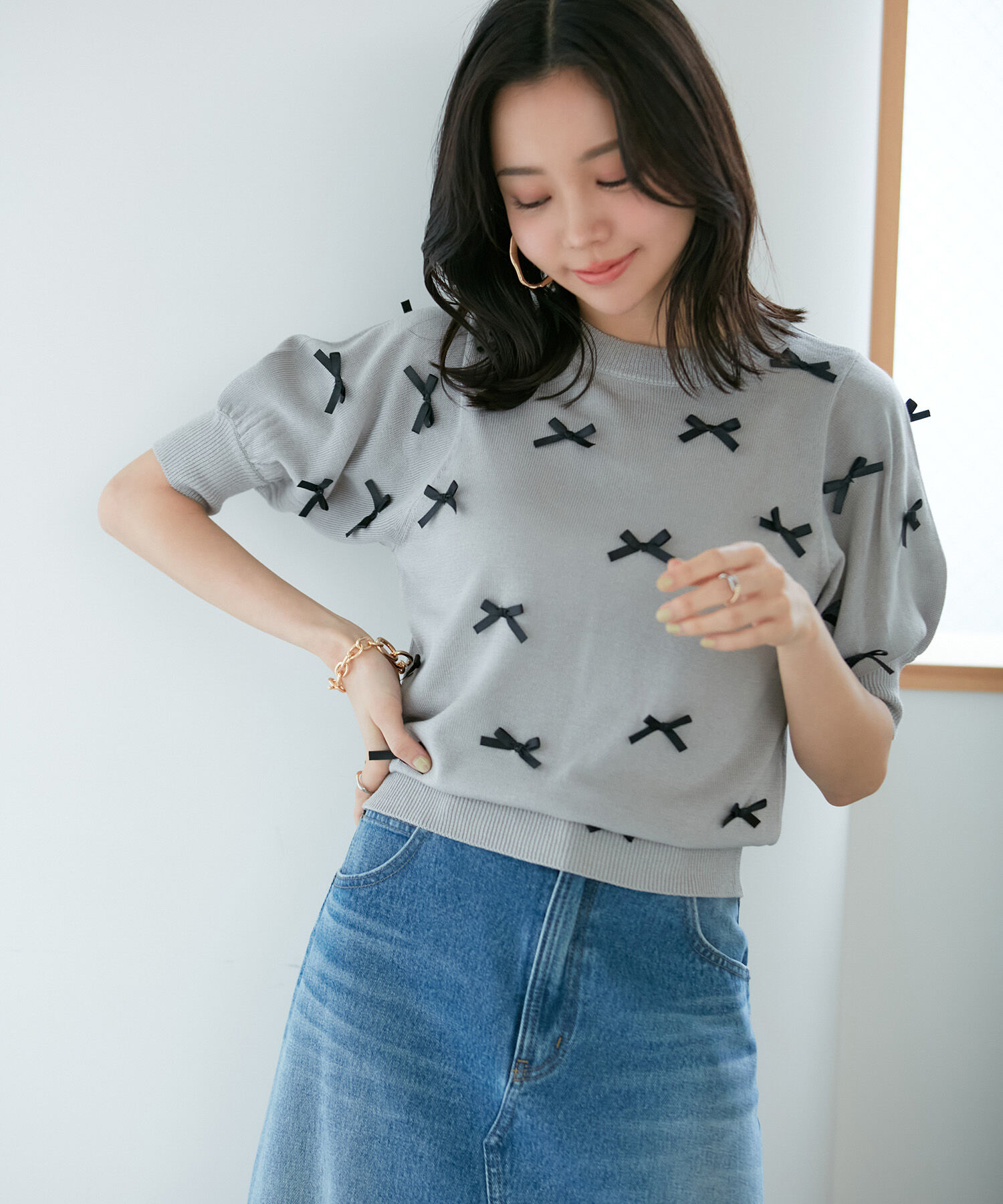 VIS「【WEB限定】リボンハーフスリーブニット」|ニット・セーター|