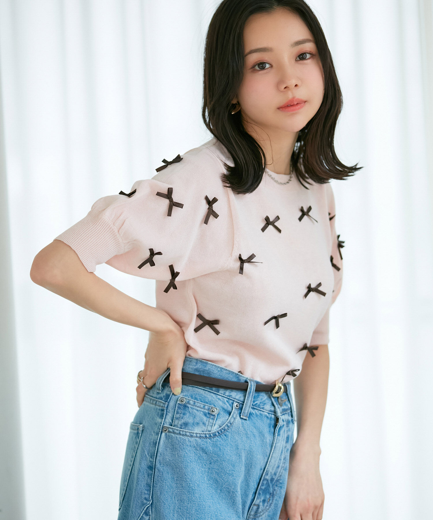 VIS「【WEB限定】リボンハーフスリーブニット」|ニット・セーター|